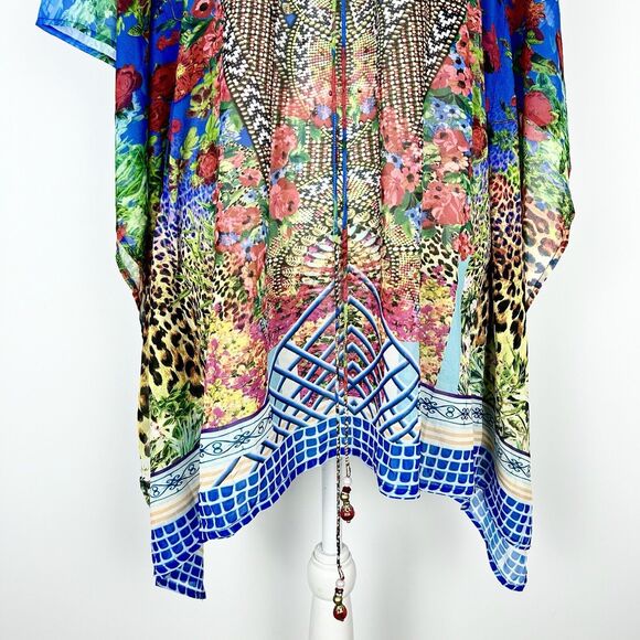 ASA Kaftan Printed Caftan Cover-Up Jeweled Beaded Tassels Floral Short Small - Picture 7 of 9